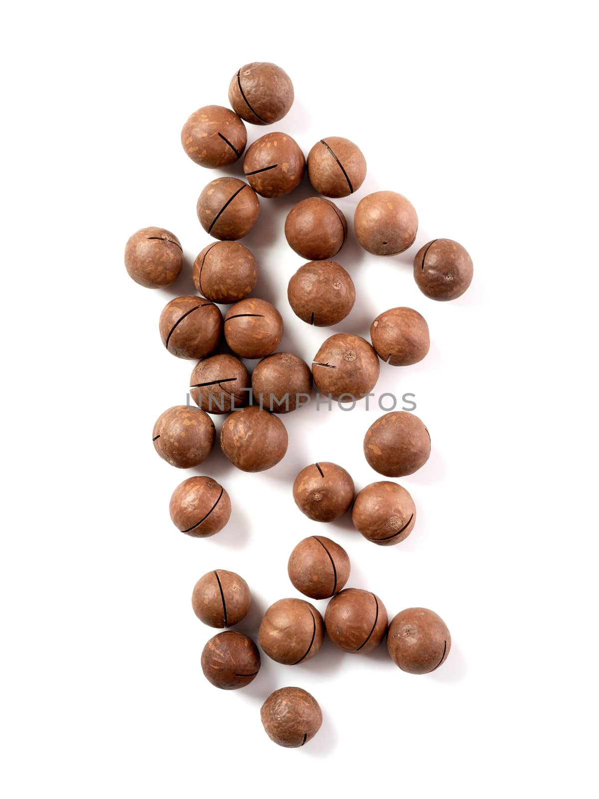 Heap of macadamia nuts on white background with clipping path.. Set of macadamia nuts isolated on white, top view or flat lay. Vertical