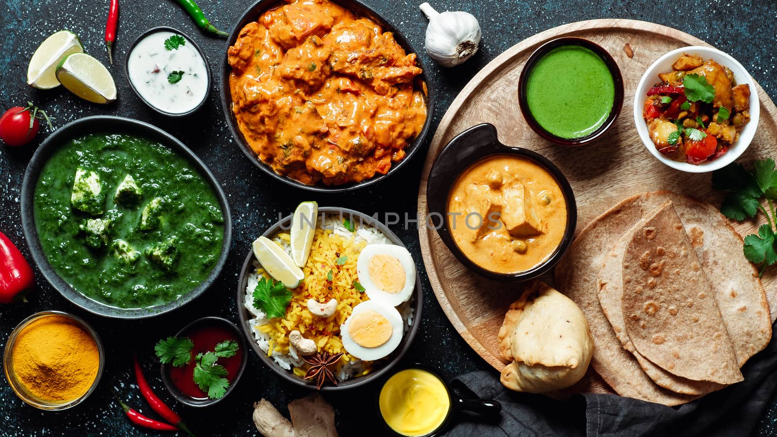 Indian cuisine dishes: tikka masala, paneer, samosa, chapati, chutney, spices. Indian food on dark background. Assortment indian meal top view or flat lay.