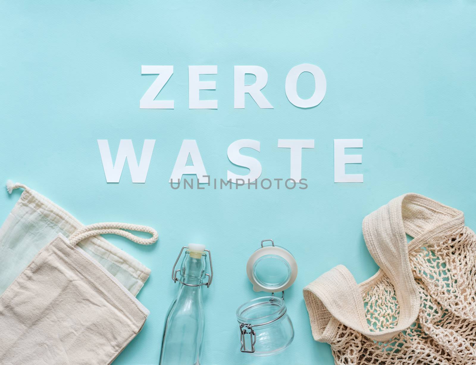 Zero waste paper text and eco bags, glass jars by fascinadora