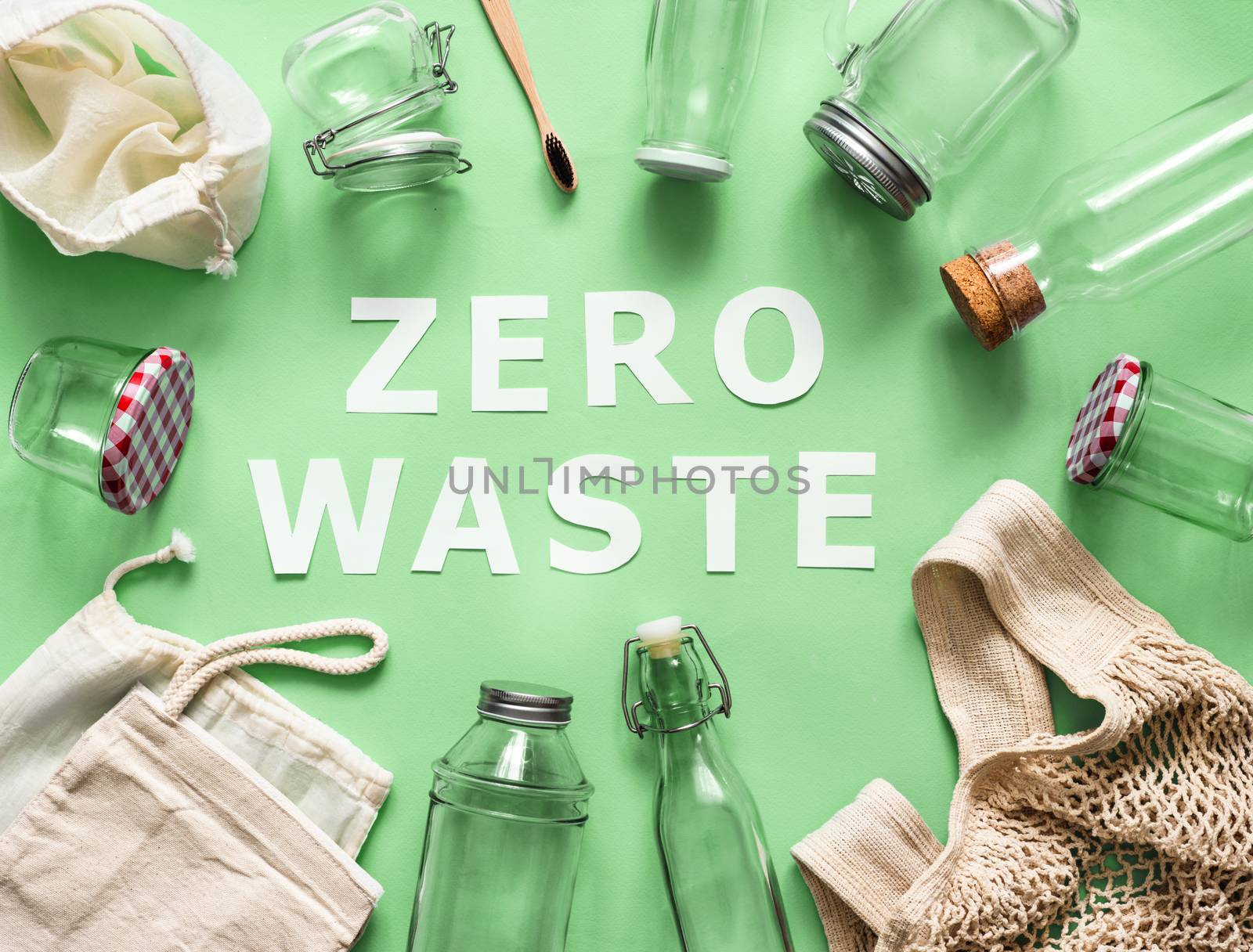 Zero waste paper text and eco bags, glass jars by fascinadora