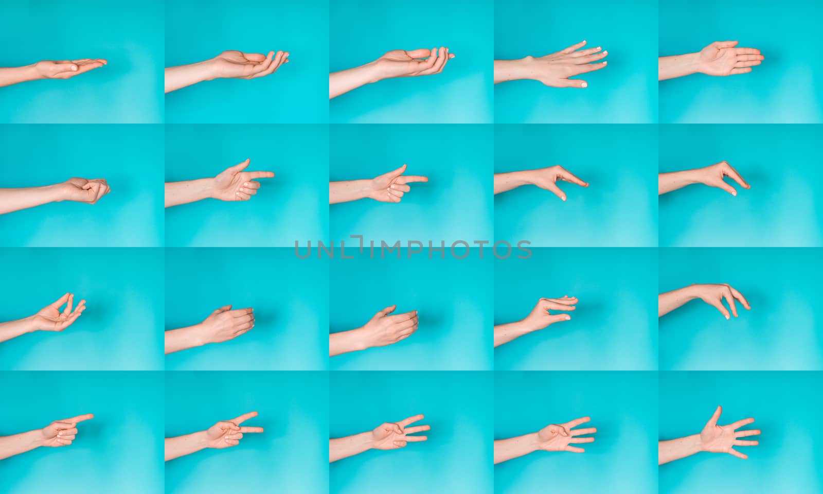 Set of female hands gesturing on blue studio background. Hello, have-five and other symbols of hands.