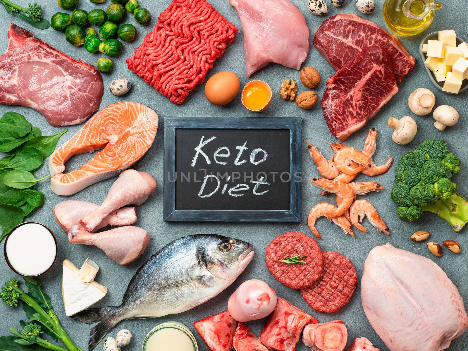 Keto diet concept. Raw ingredients for low carb diet - meat, poultry, fish, seafood, eggs, beef bones for bone broth and words Keto Diet on gray stone background. Top view or flat lay.