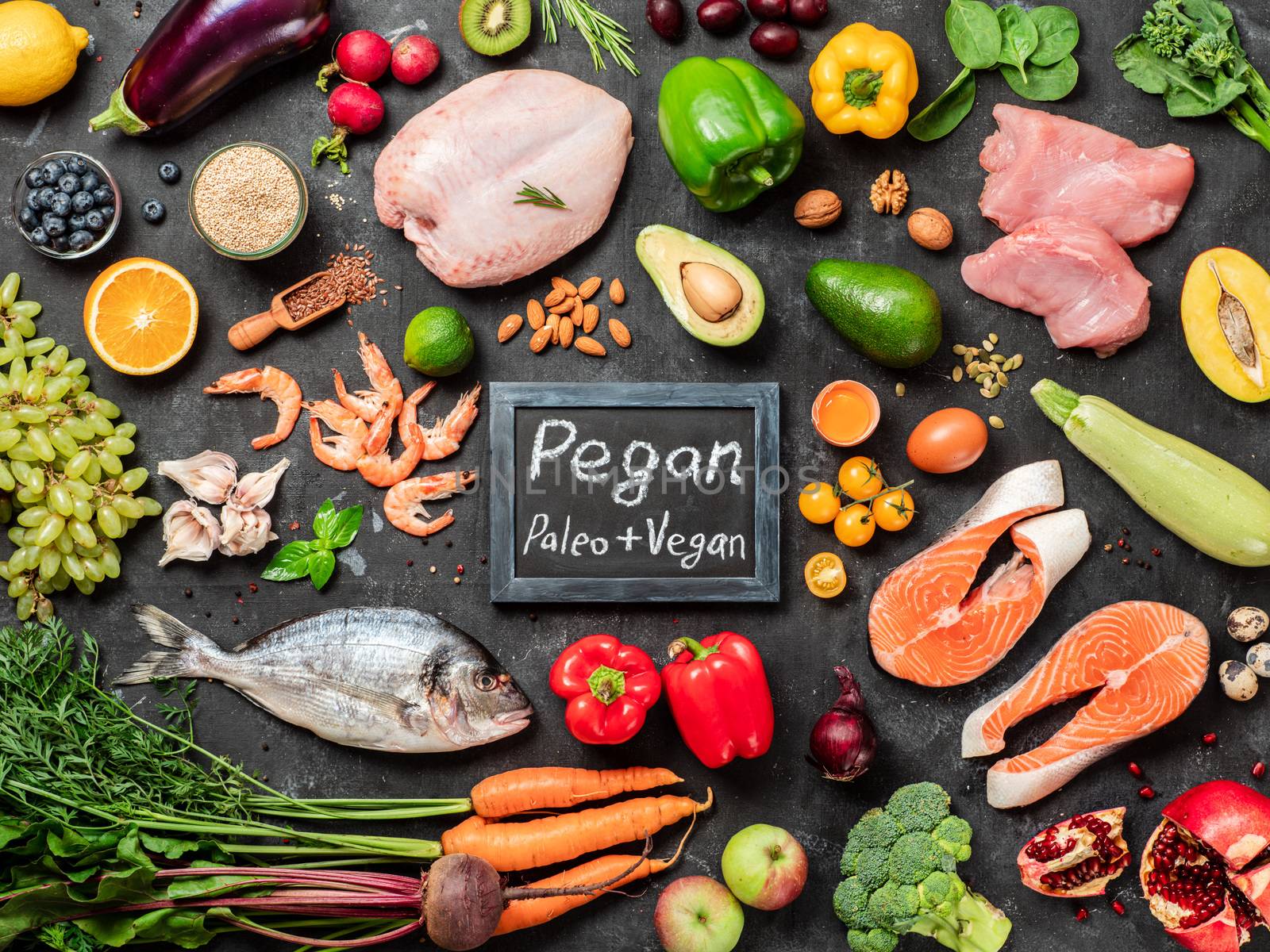 Pegan diet concept. Paleo plus vegan food ingredients by fascinadora