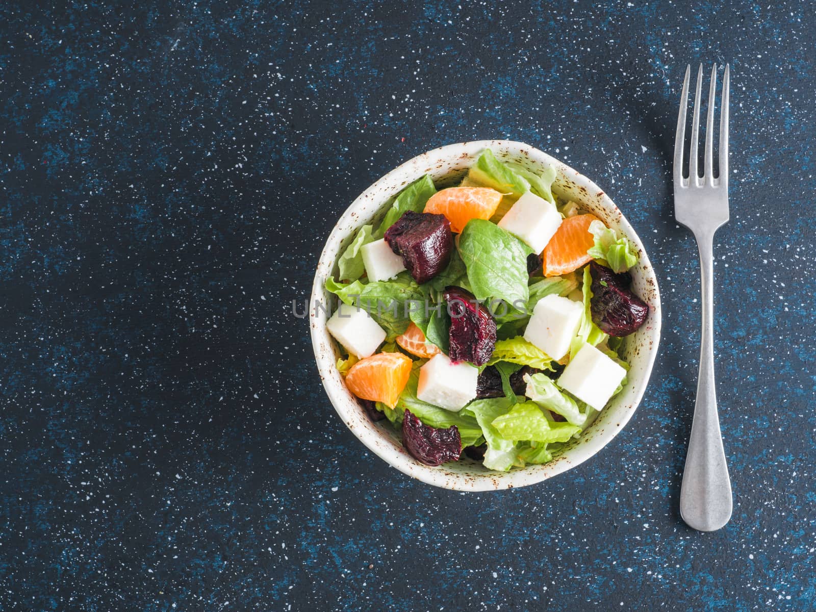 Beetroot, Feta Cheese and Orange Salad. Close up. Top view or flat-lay. Copy space for text.