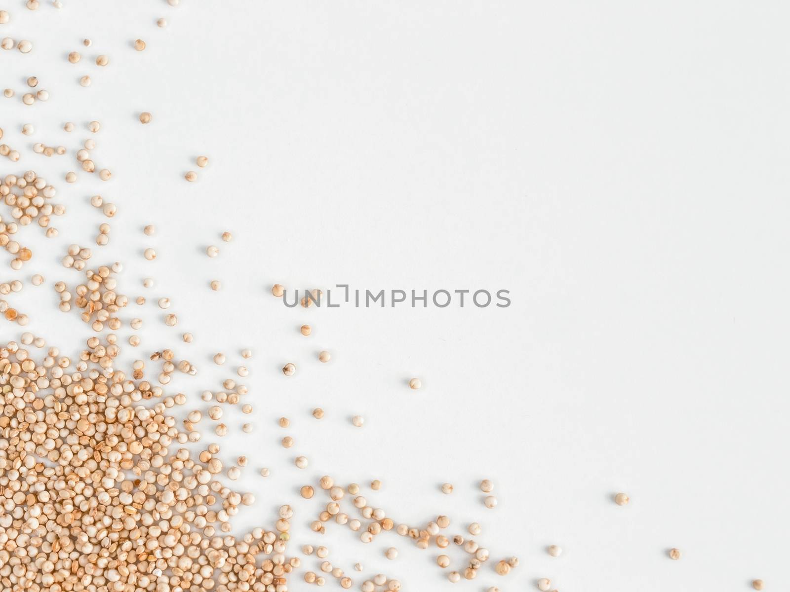 Grain of real quinoa isolated on white background. Uncooked raw quinoa as background. Healthy vegan food concept and pattern. Copy space. Top view or flat lay. Isolated one edge.