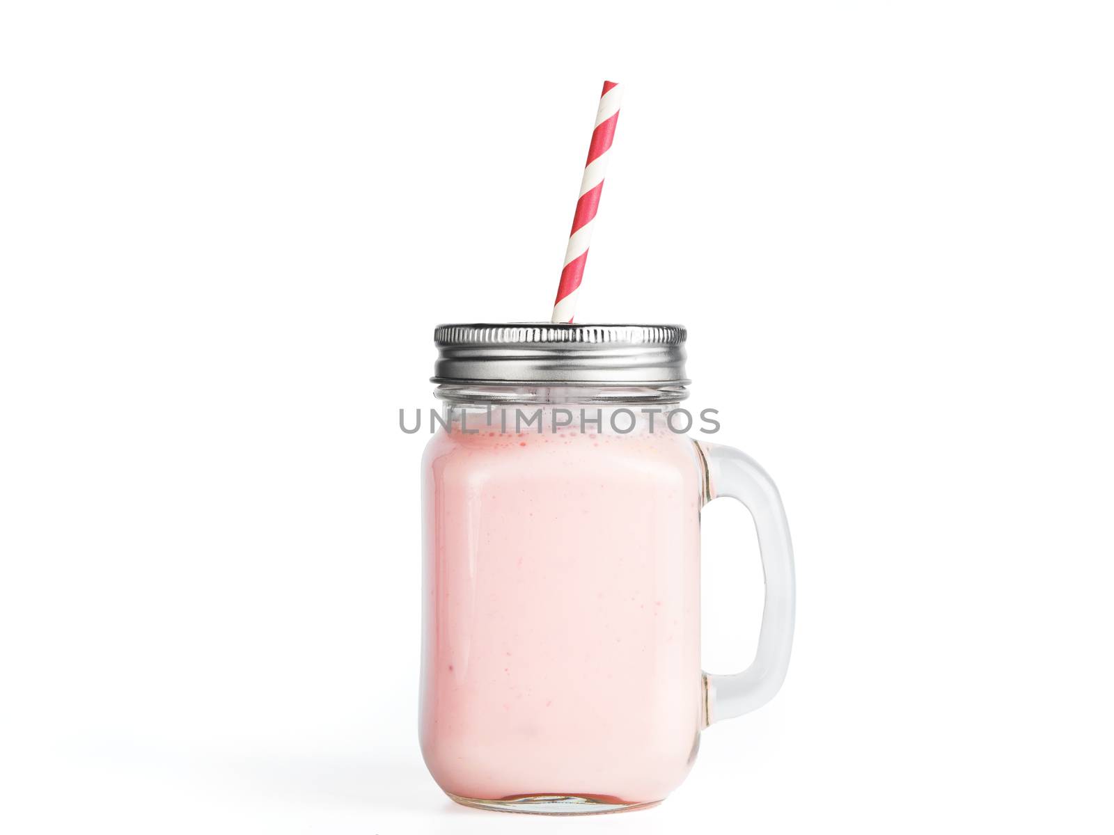 Pink strawberry smoothie in mason jar glass. Isolated on white with clipping path.