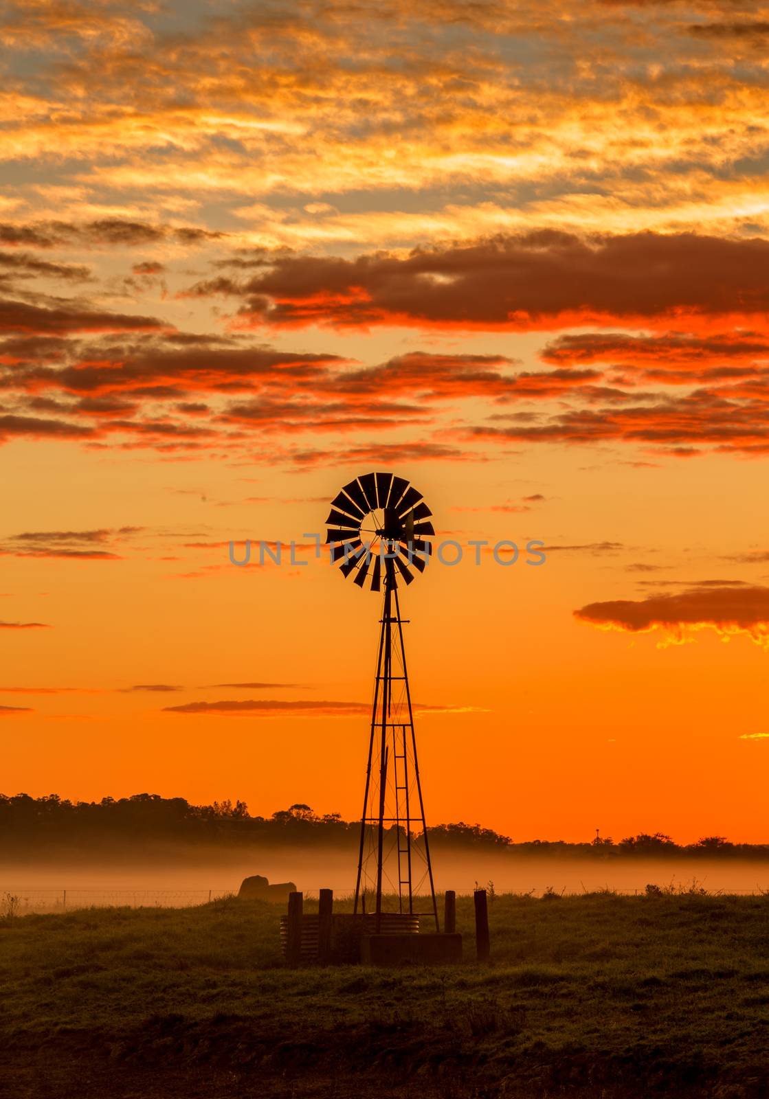 Misty mornings and rich colourful sunrises across rural farmland fields with old rustic windmill