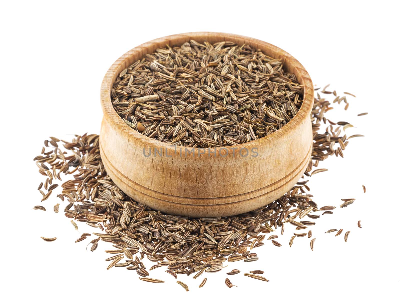 Caraway seeds in wooden bowl isolated on white background by xamtiw