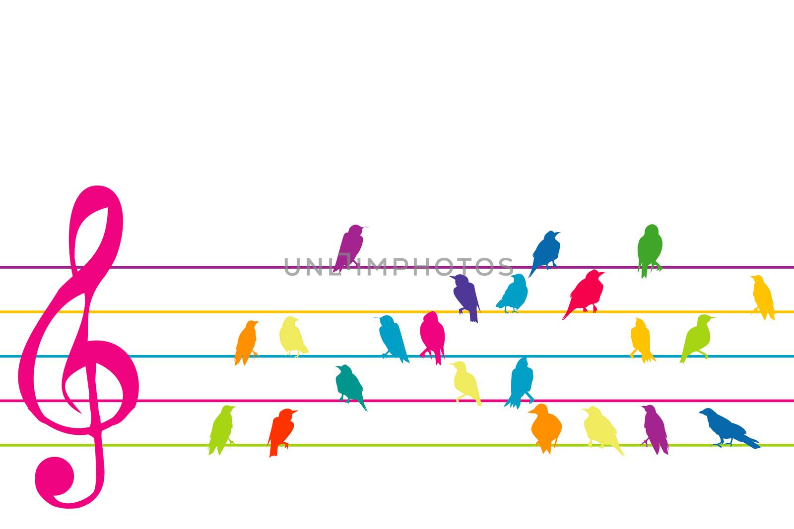 Abstract colorful music stave with birds silhouette