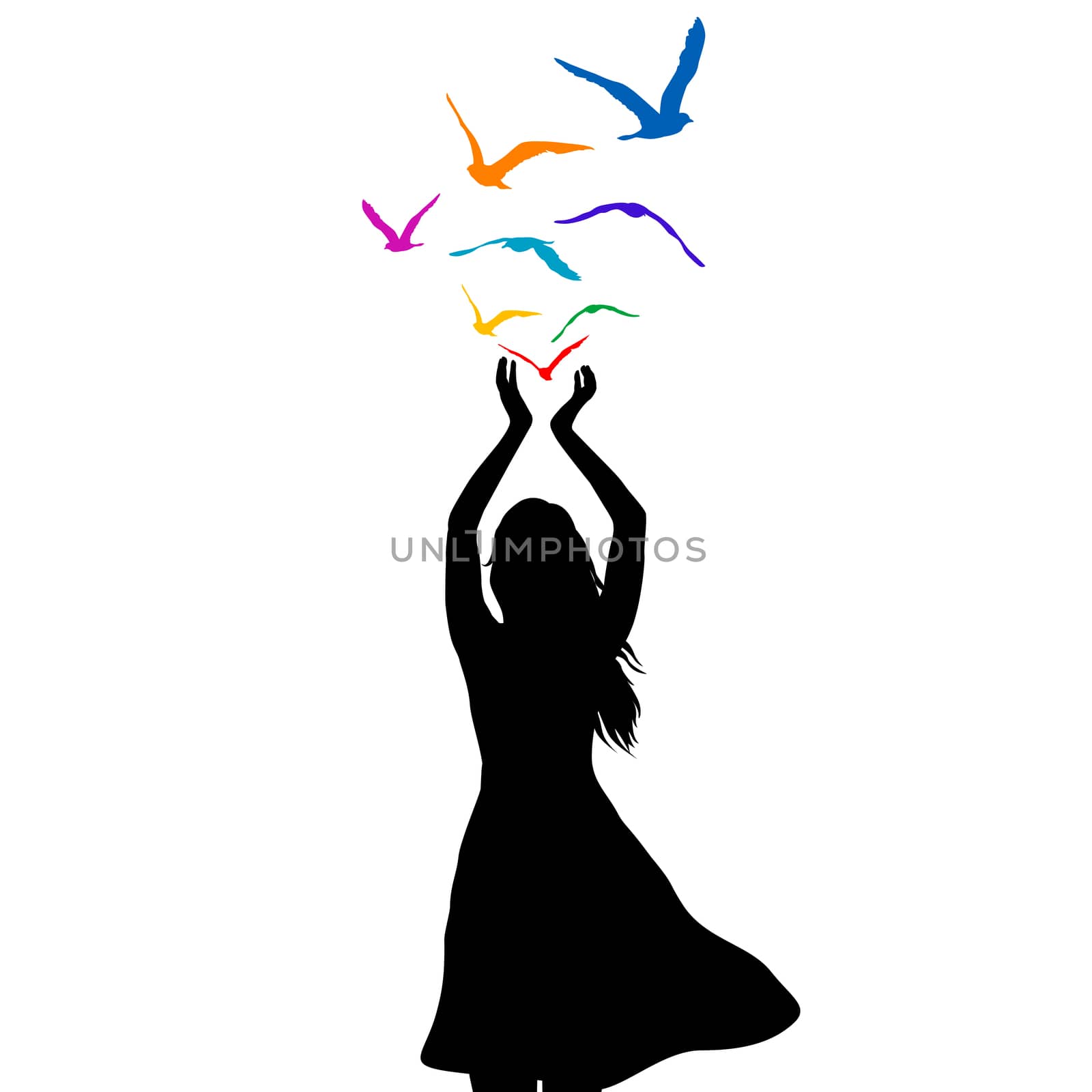 Abstract illustration of a woman silhouette with colored birds flying from her hands