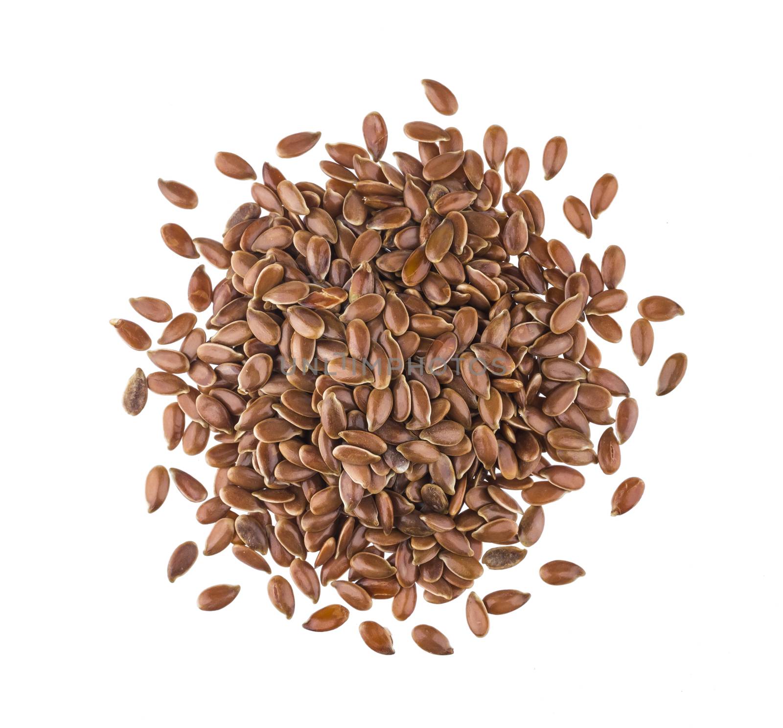 Pile of flax seeds on white background, top view by xamtiw