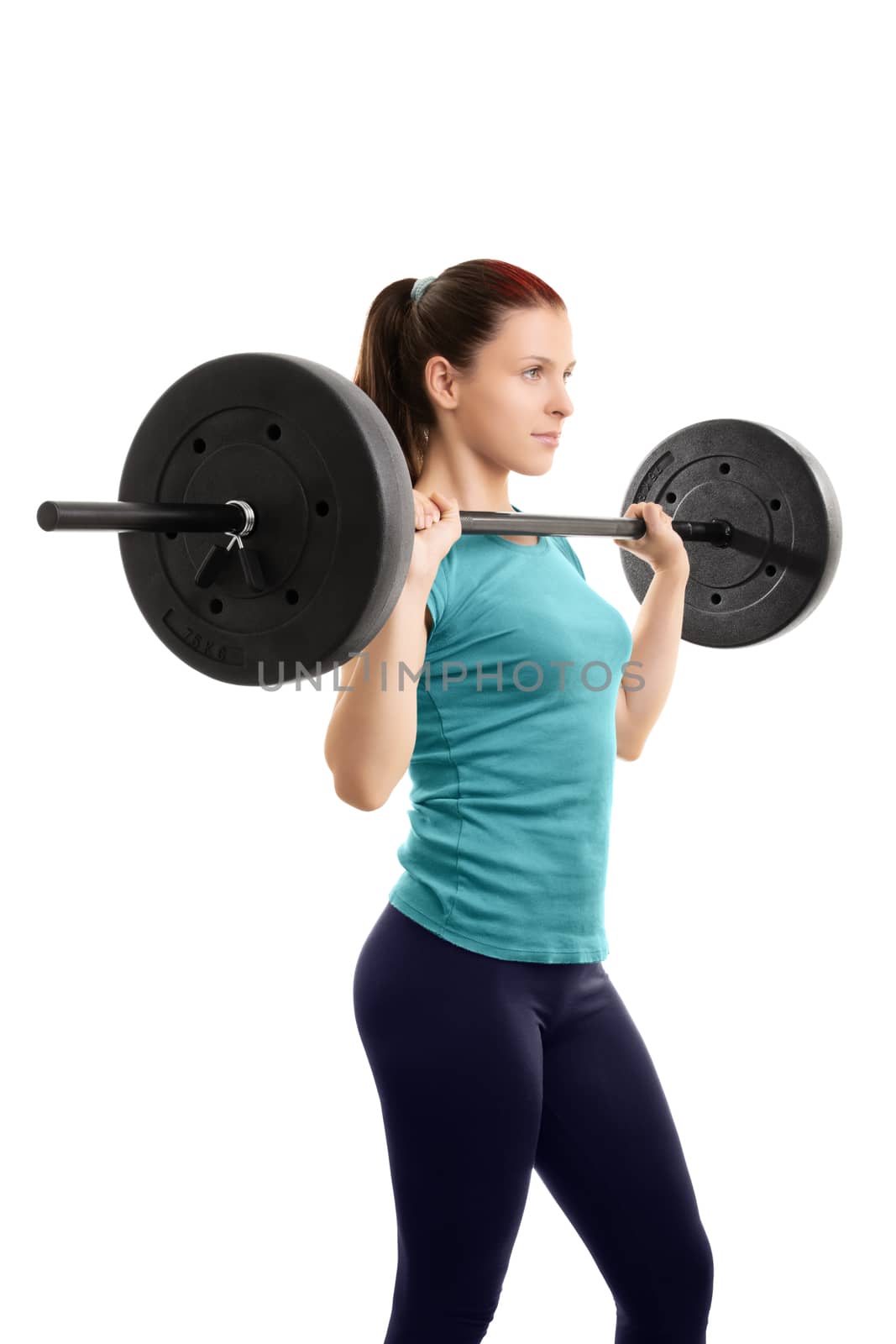 A portrait of a beautiful fit girl working out with a barbell, isolated on a white background.