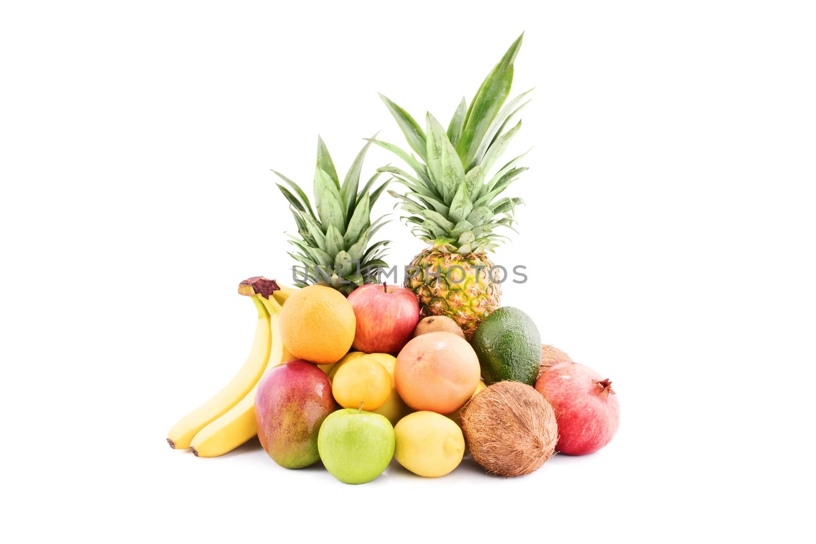 A pile of various types of fruits, isolated on white background.