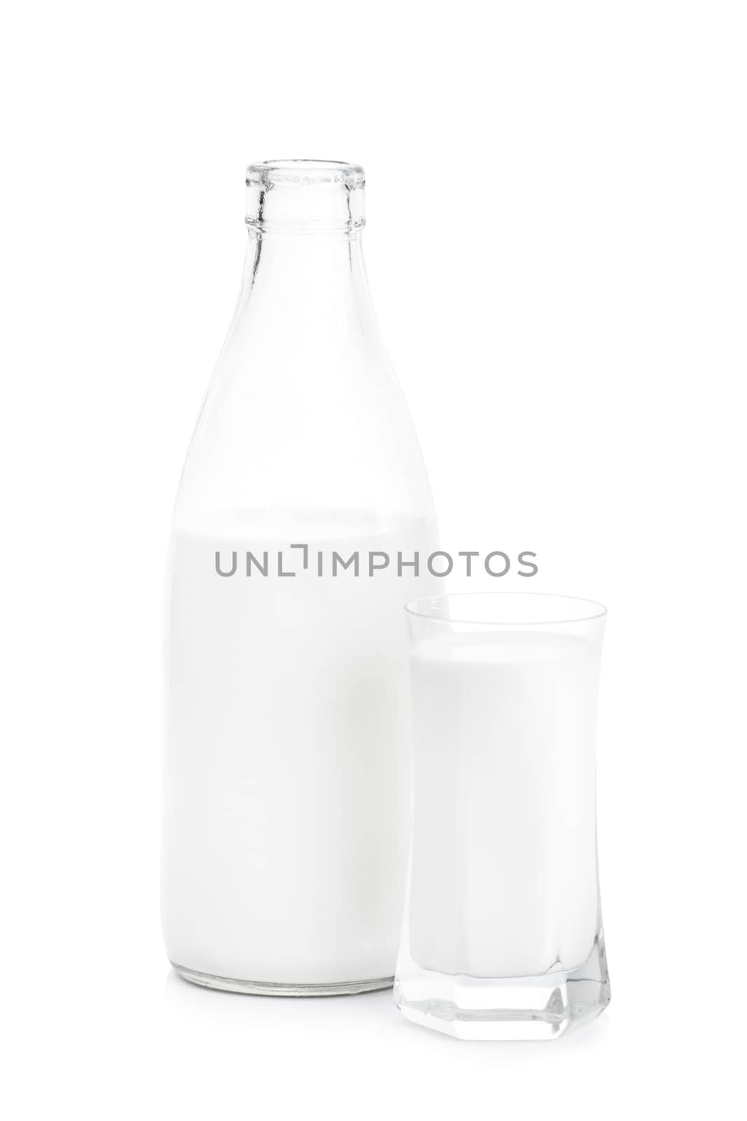 Bottle and a glass of milk, isolated on white background.