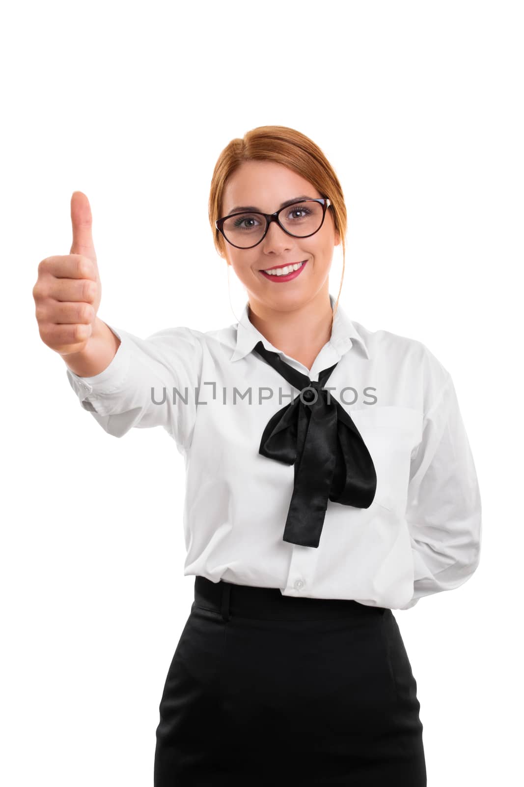 A portrait of a beautiful business woman giving her approval with thumbs up, isolated on white background.