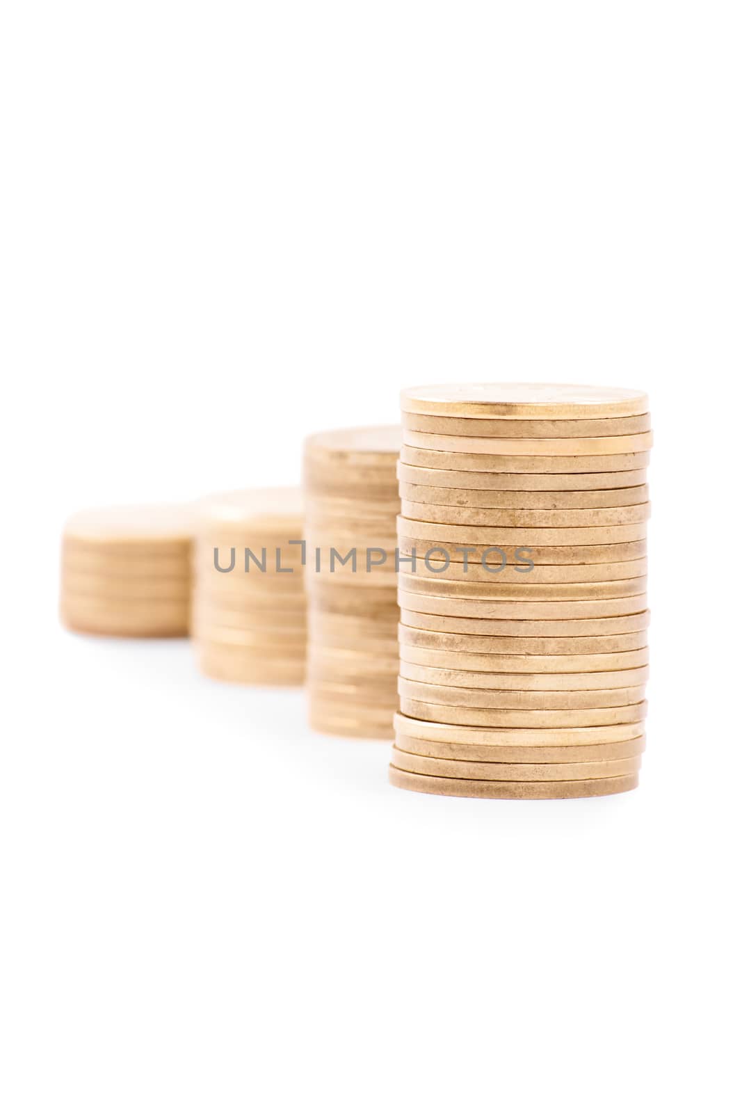 Coin up the ladder. Stack of coins making a ladder, isolated on white background.
