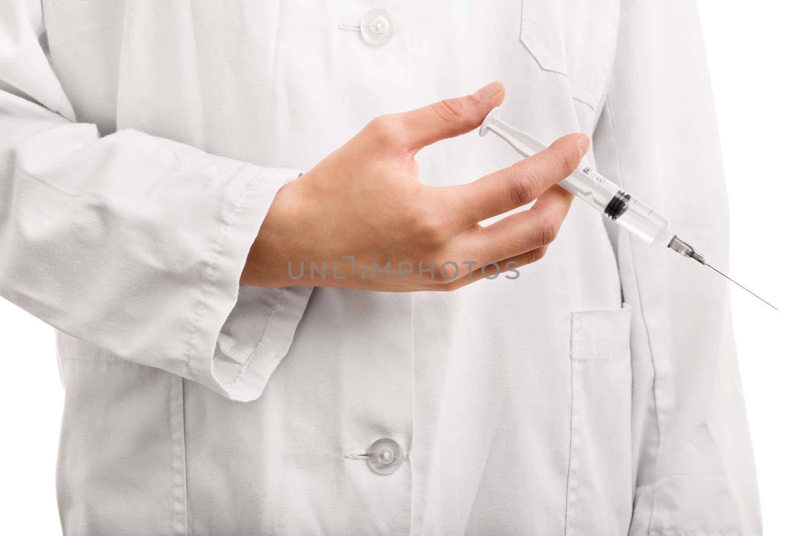 Don't worry, this will only pinch a little. Doctor holding a syringe with a needle, isolated on white background.