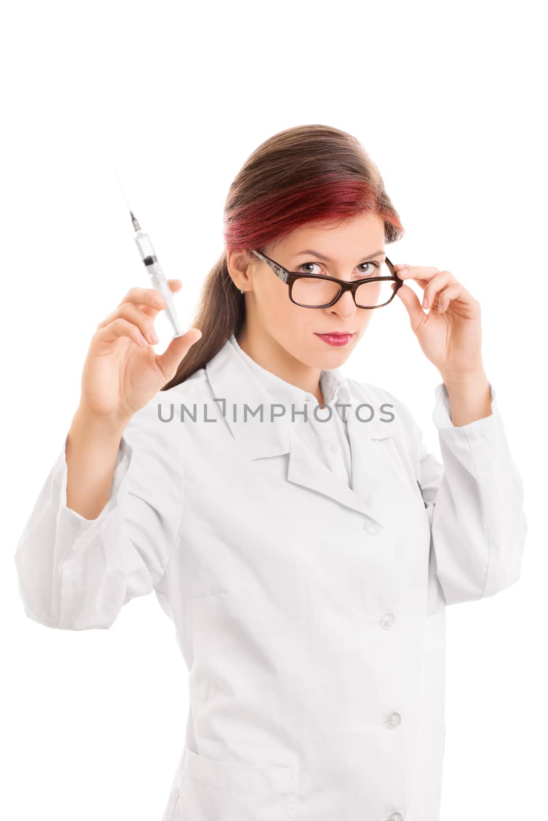Come on now, it's your turn. Young doctor giving an injection, isolated on white background.