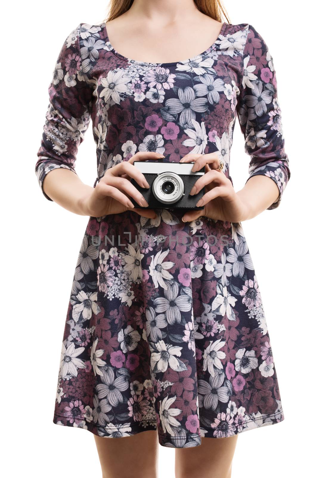 Girl in a colorful dress hodling a vintage camera by Mendelex