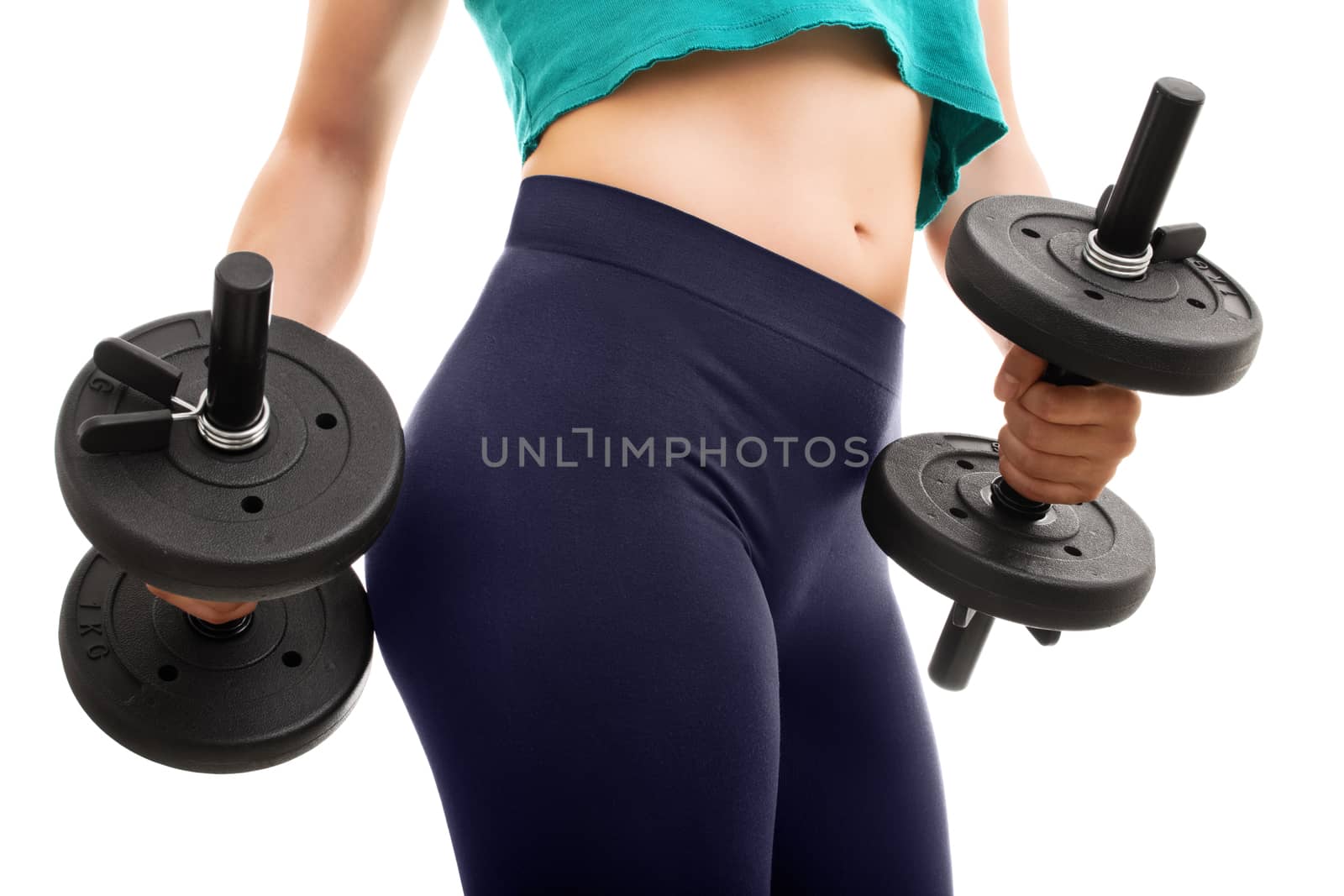Lifting weights. You need to work for it. Young girl holding dumbbells, isolated on white background.