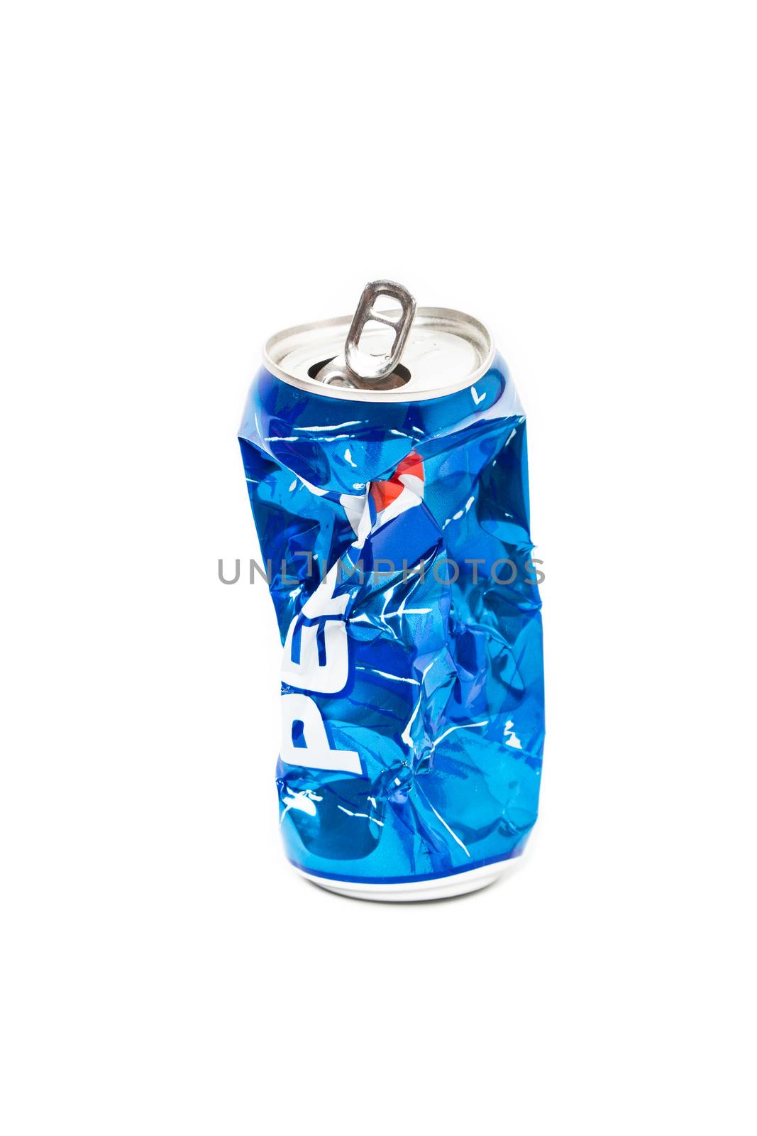 CHISINAU, MOLDOVA - August 20, 2019: Studio photo of empty and crashed Pepsi aluminum two can isolated on white background