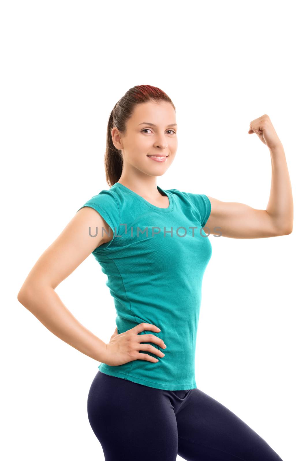 Staying fit. You need to work for it. Beautiful young girl flexing her arm and giving encouragement to go to the gym, isolated on white background.