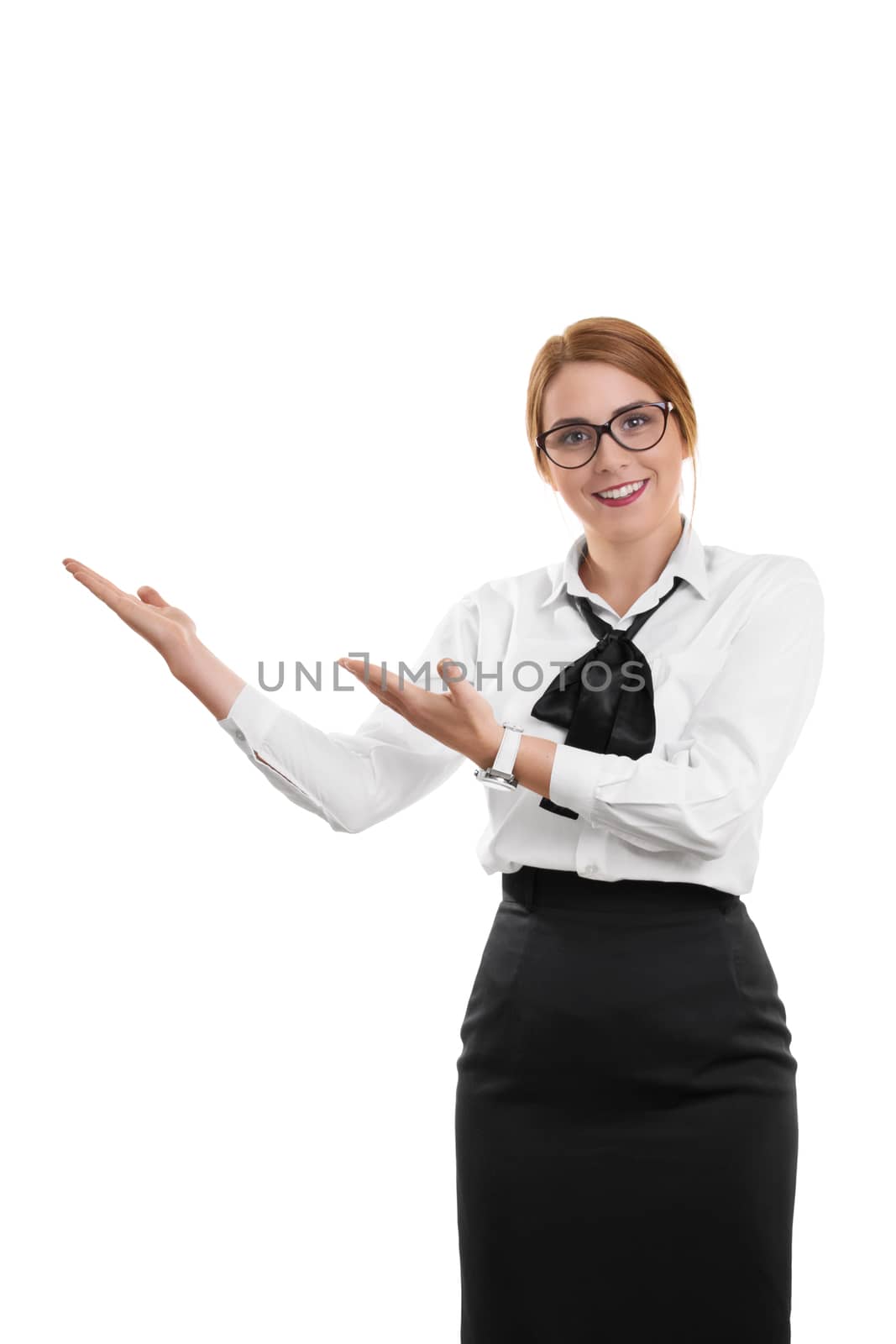 Smiling business woman gestiruing with her hands by Mendelex