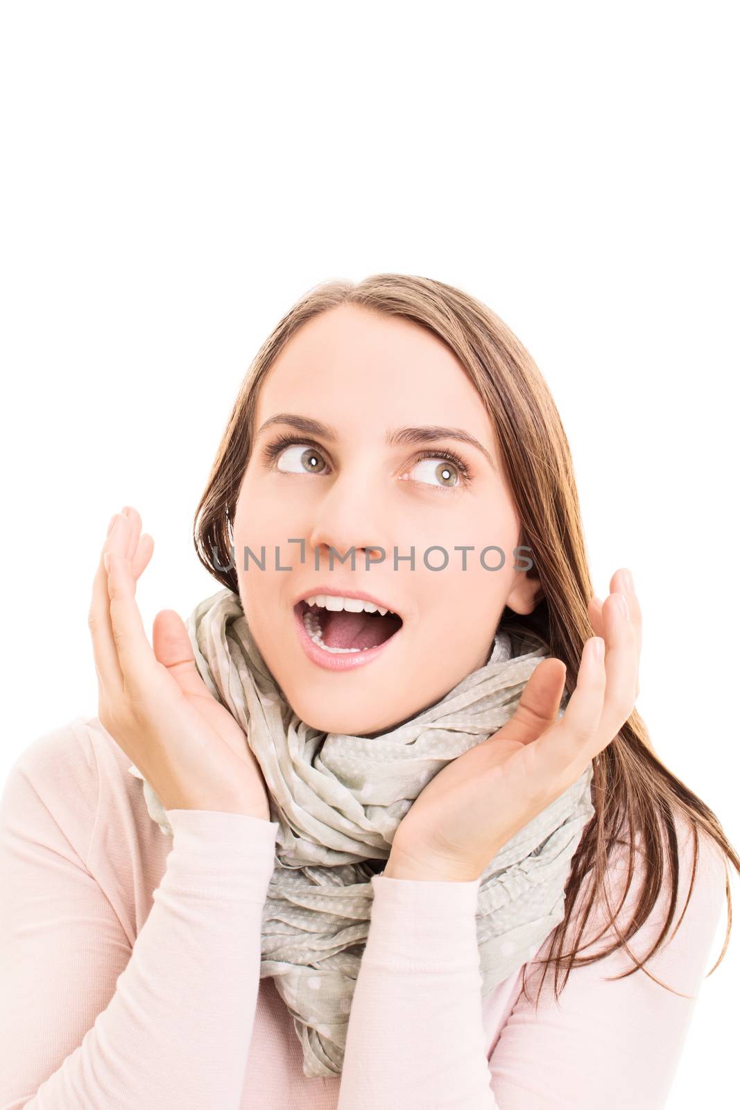 Young girl acting surprised, isolated on white background.