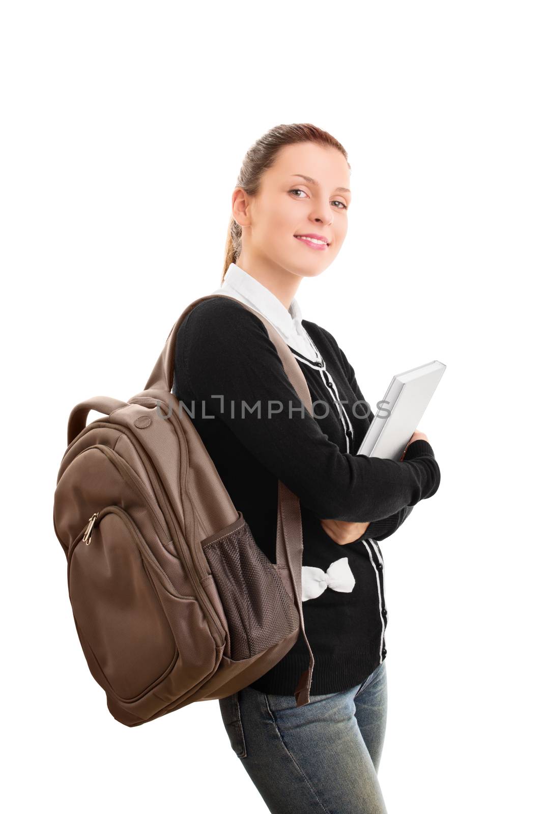 Young female student with a backpack holding a book by Mendelex