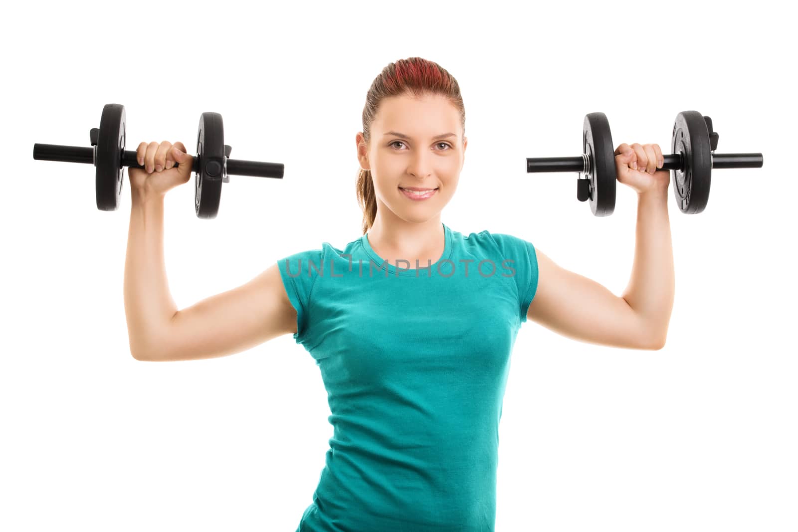 Young girl lifting two dumbbells by Mendelex