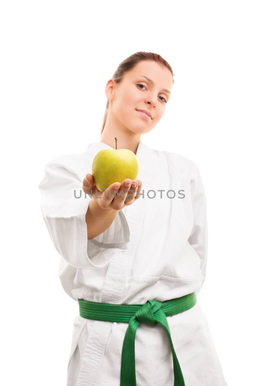 Young girl wearing kimono and offering an apple by Mendelex