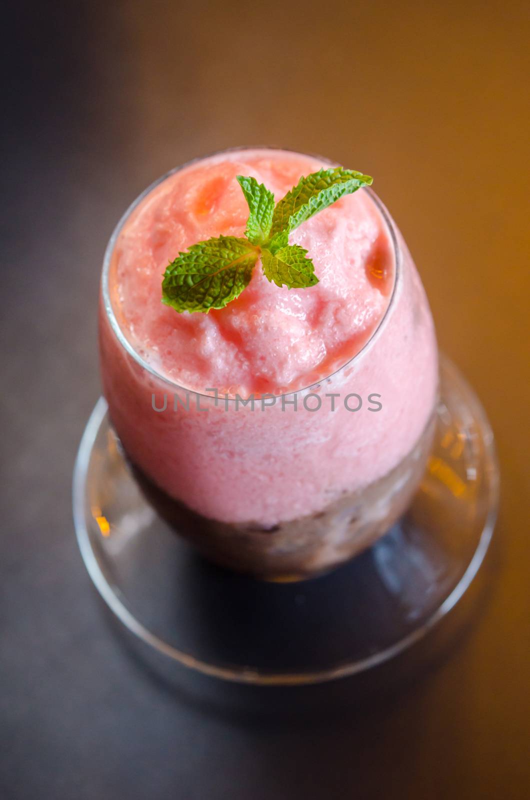 Chocolate and strawberry smoothie on table in resturant bar.