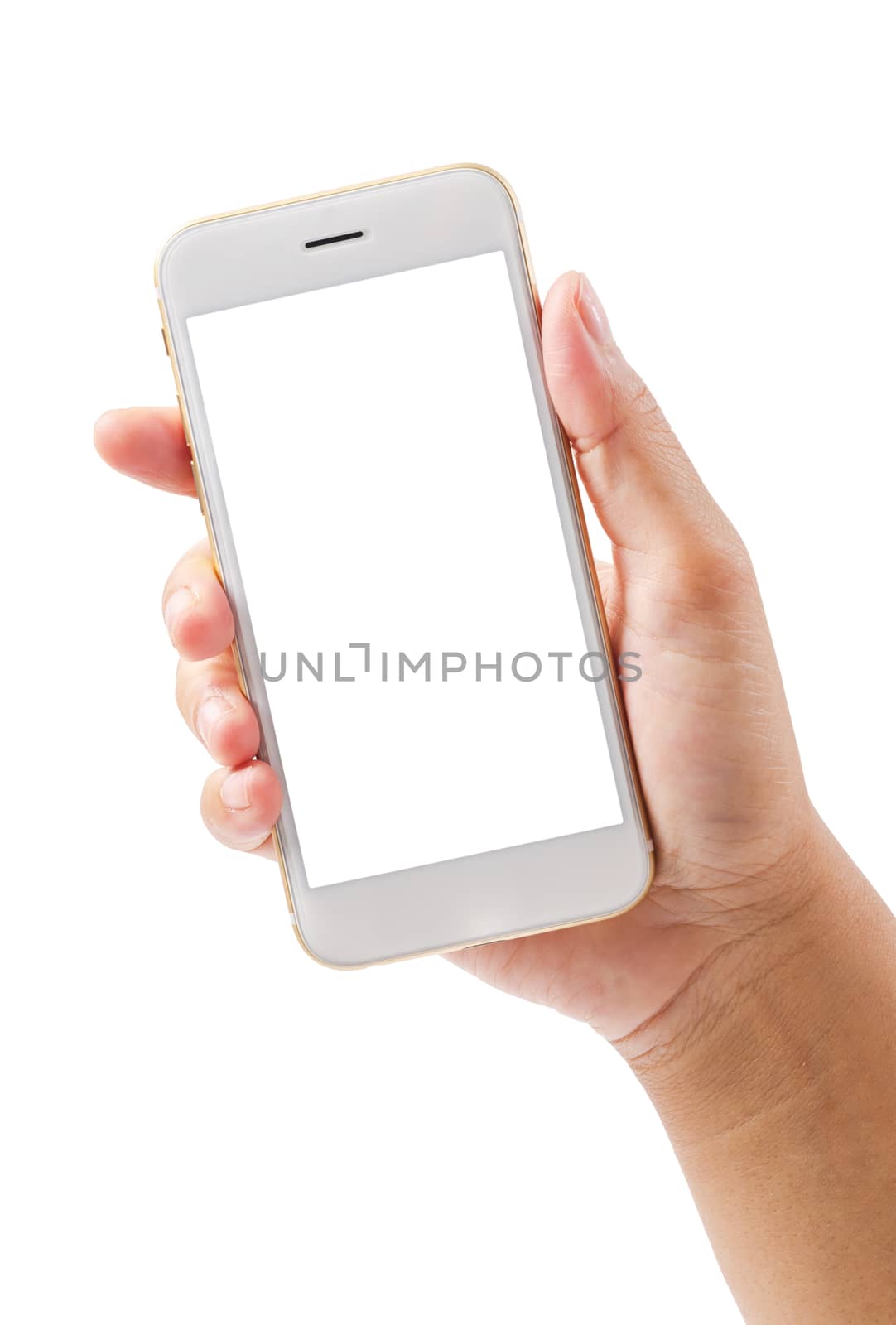 closeup hand using phone isolated on white background. by Gamjai