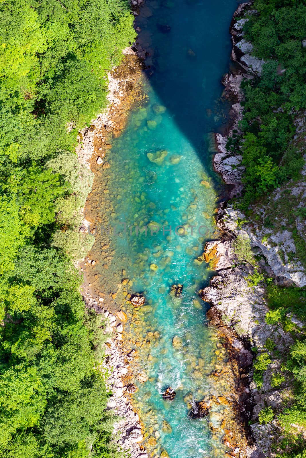 Top view stones in a mountain river