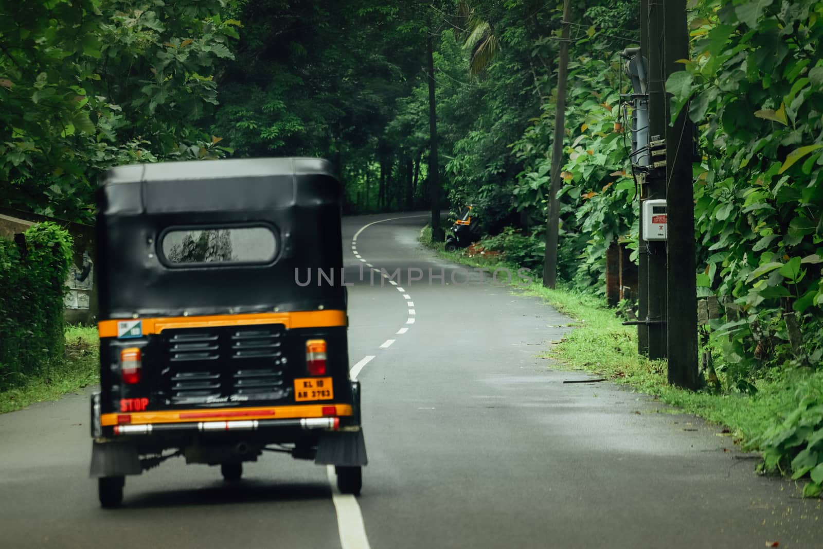A black three wheeler running towards the forest in the road