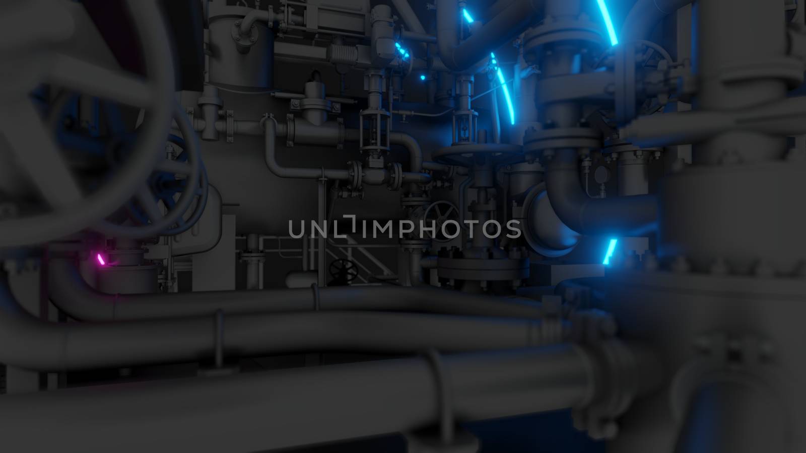 Abstract Industrial Equipment with Neon Lights. Ultraviolet light. 3D illustration