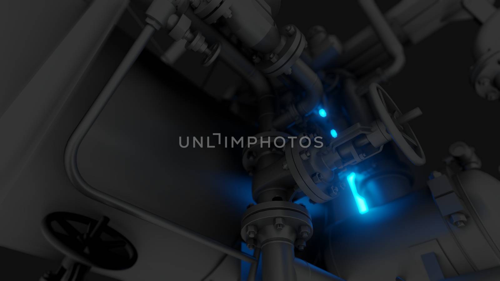 Abstract Industrial Equipment with Neon Lights. Ultraviolet light. 3D illustration