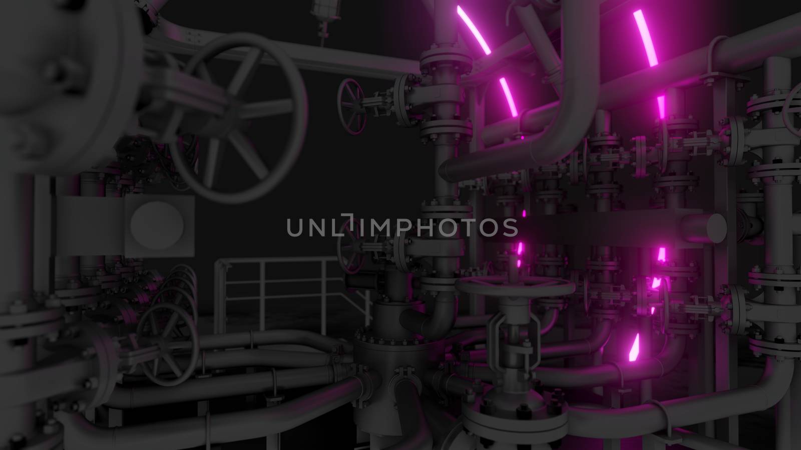 Abstract Industrial Equipment with Neon Lights. Ultraviolet light. 3D illustration