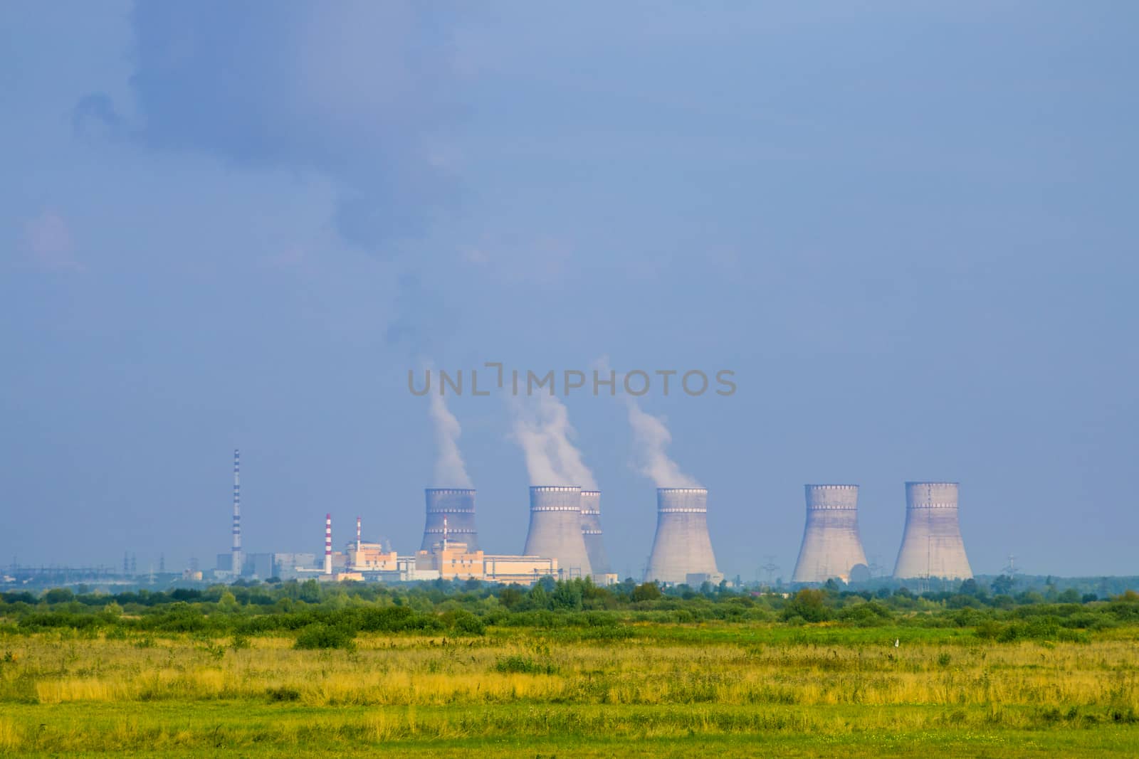 NPP like Chernobyl working. Soviet nuclear station. Power plant produces electricity