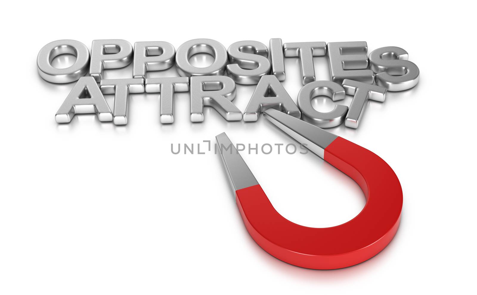 Horseshoe magnet attracting the words opposites attract over white background. 3D illustration.