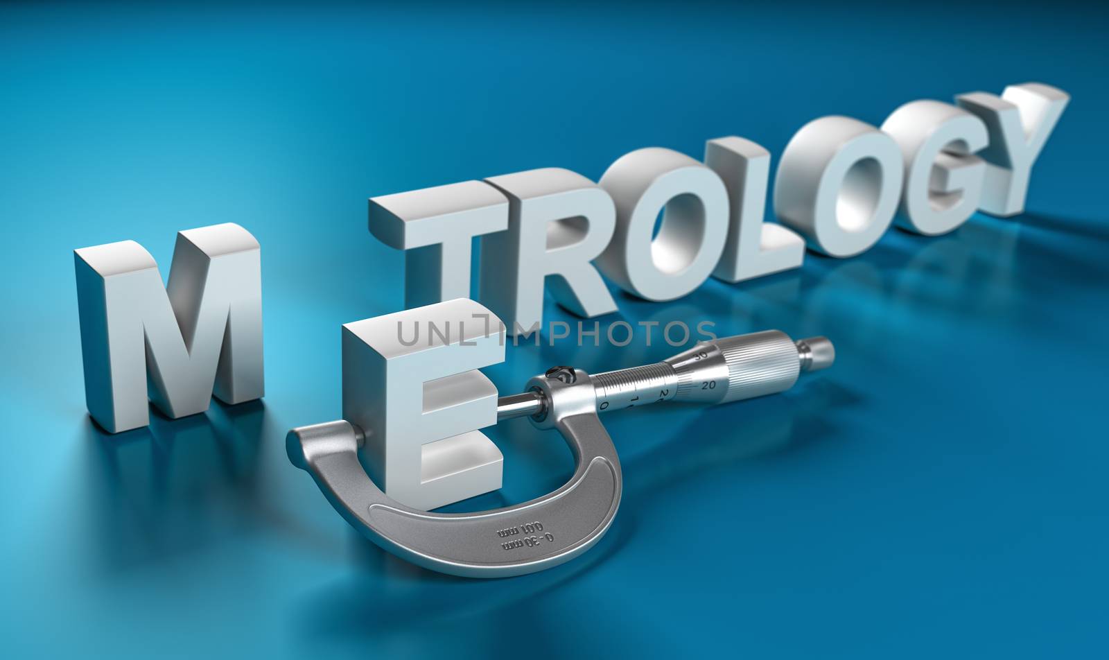 Word metrology written in 3d with a micrometer over a blue background. Metrological instruments concept. 3D illustration