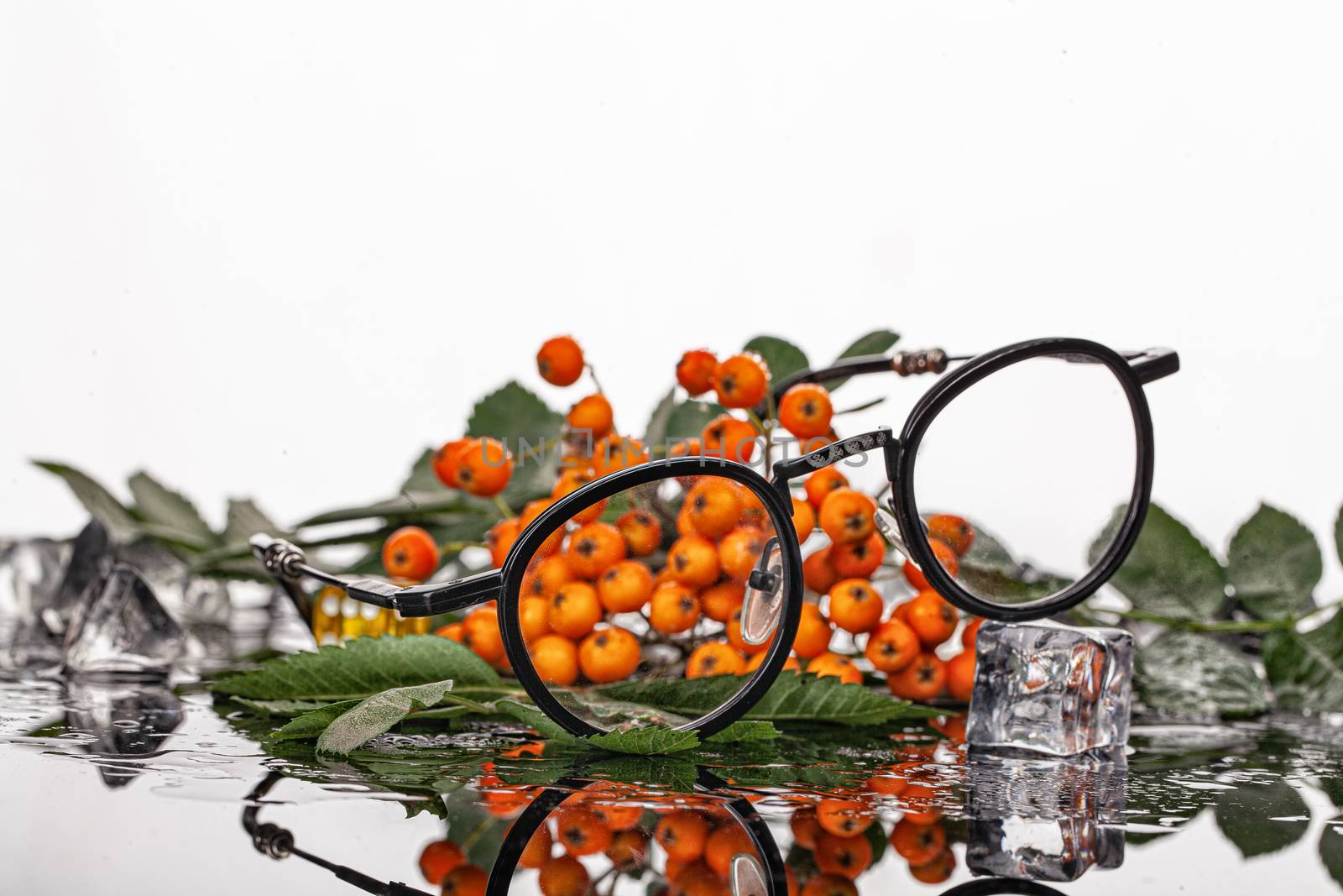 Glasses, bunch of ashberry on aglass background