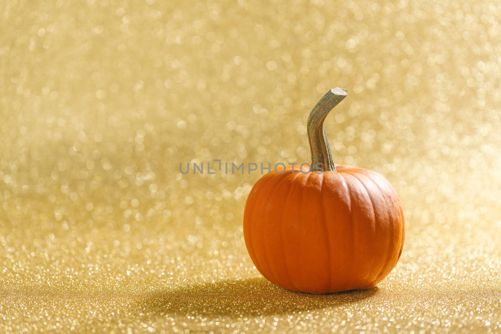 Pumpkin on golden glittery background with bokeh lights
