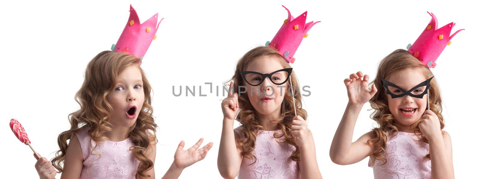 Beautiful little candy princess girl in crown bat mask, on fake glasses, with lollipop, halloween costume concept