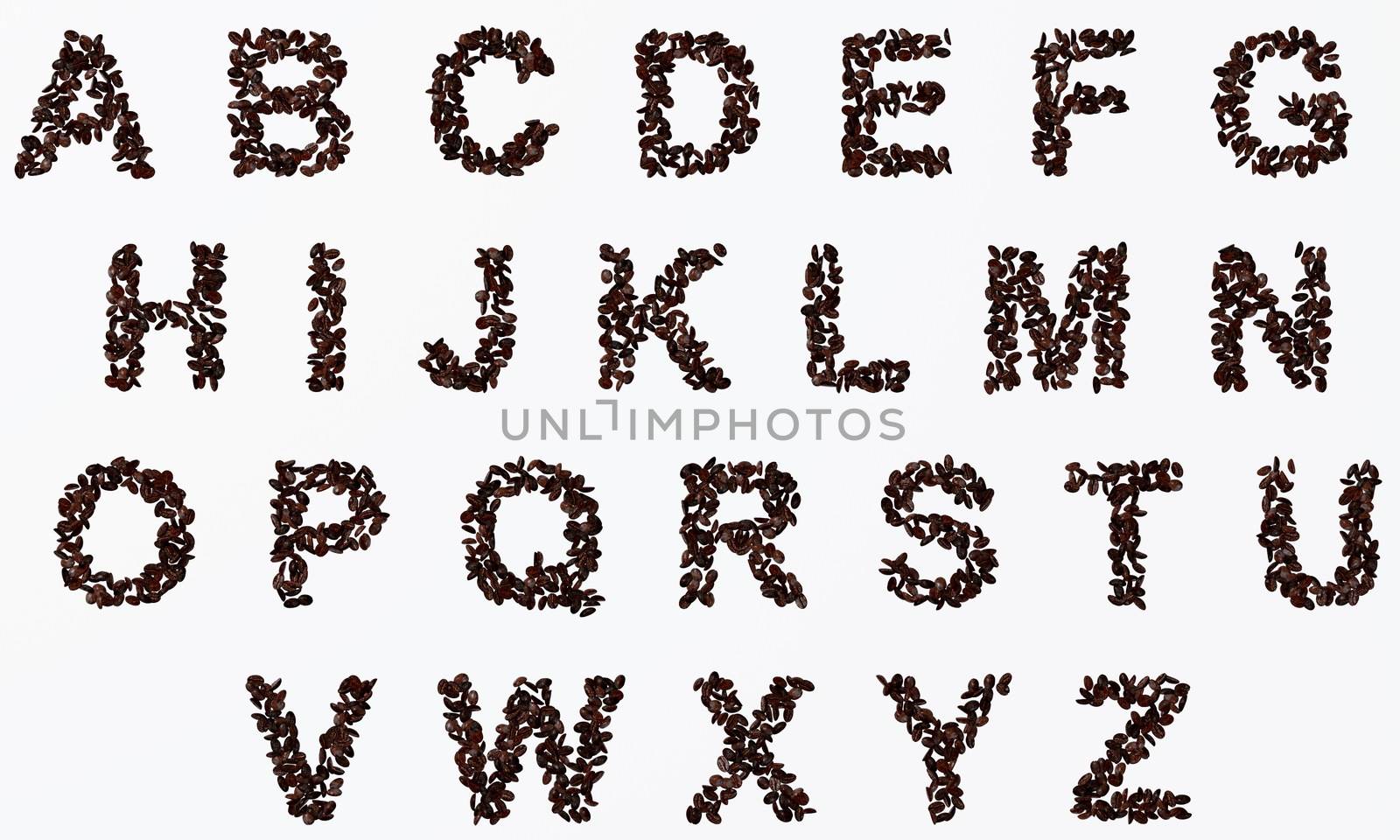 The english alphabet spelled in coffee beans isolated on a white background, 3d render