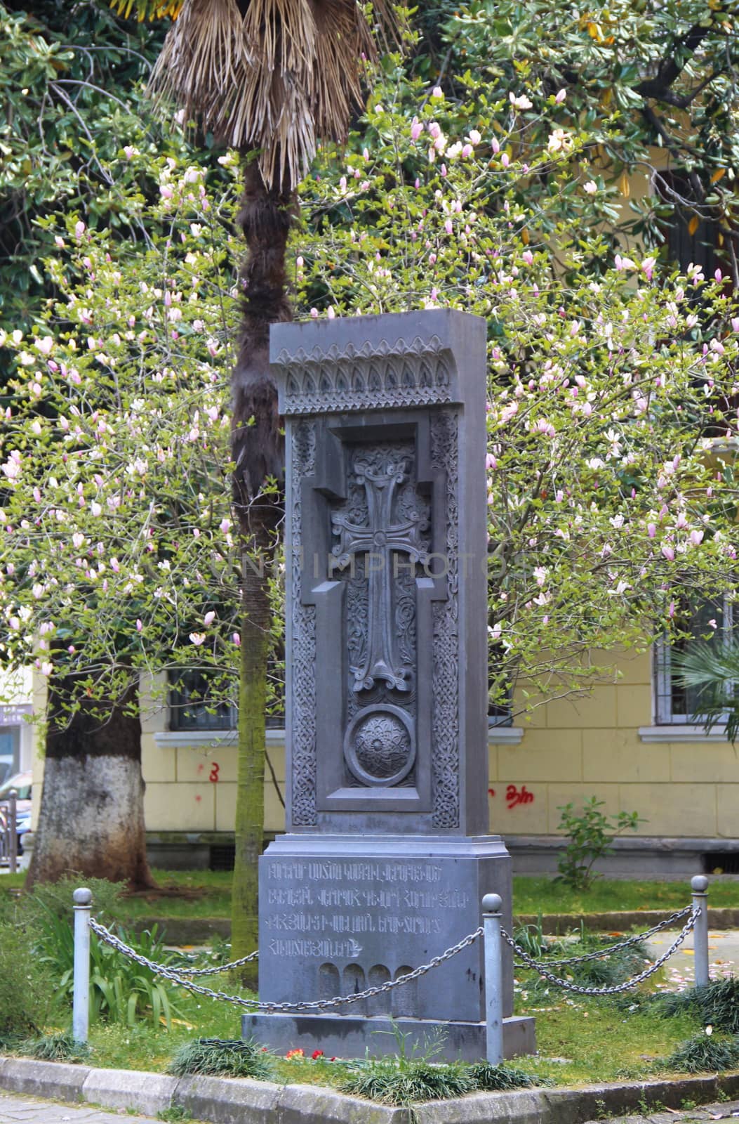 photo of stone cross near Armenian Apostolic Church in Batumi, Georgia, april 2019