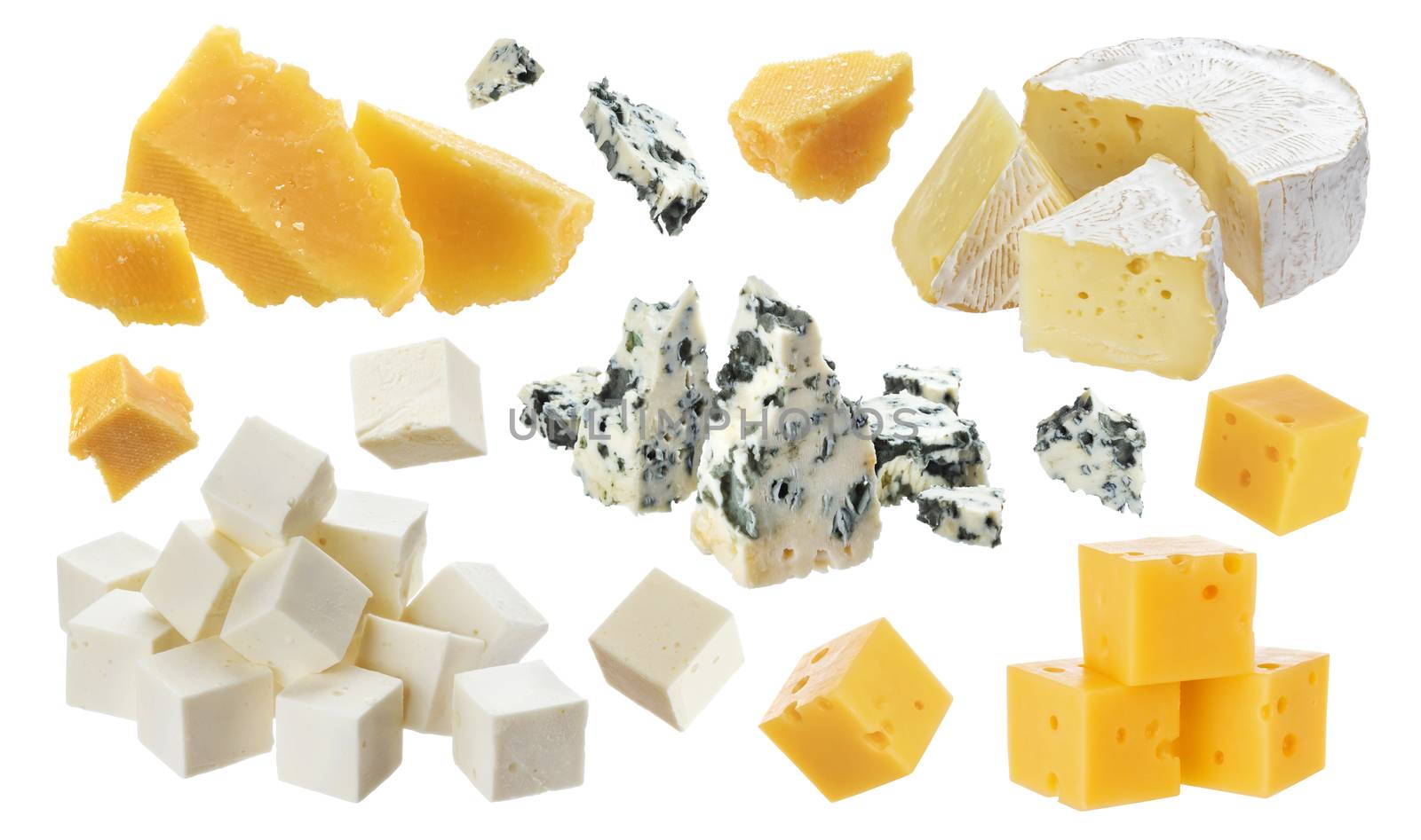 Different pieces of cheese. Cheddar, parmesan, emmental, blu cheese, camembert, feta isolated on white background with clipping path