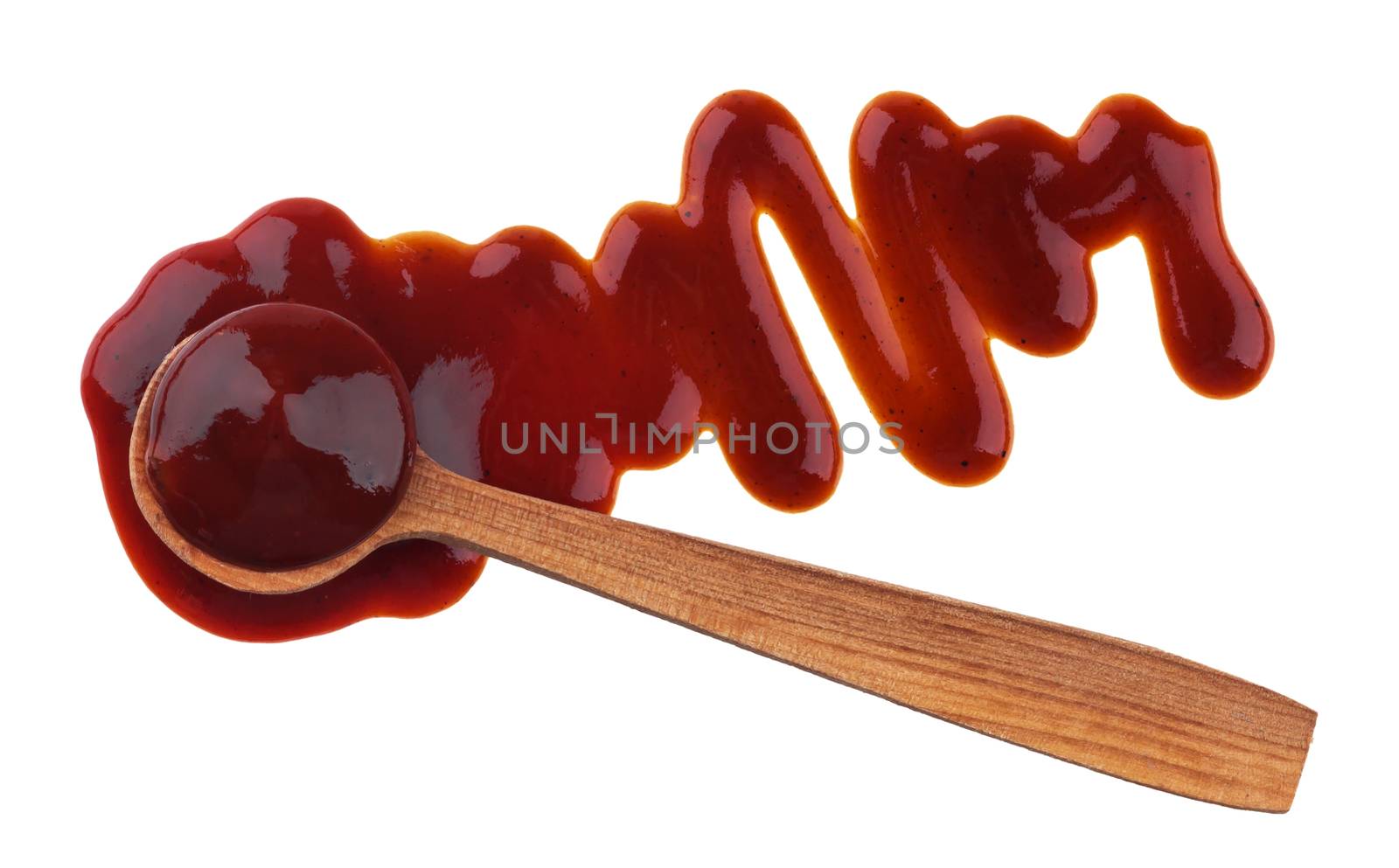 Splash of ketchup sauce with wooden spoon isolated on white background with clipping path. Top view