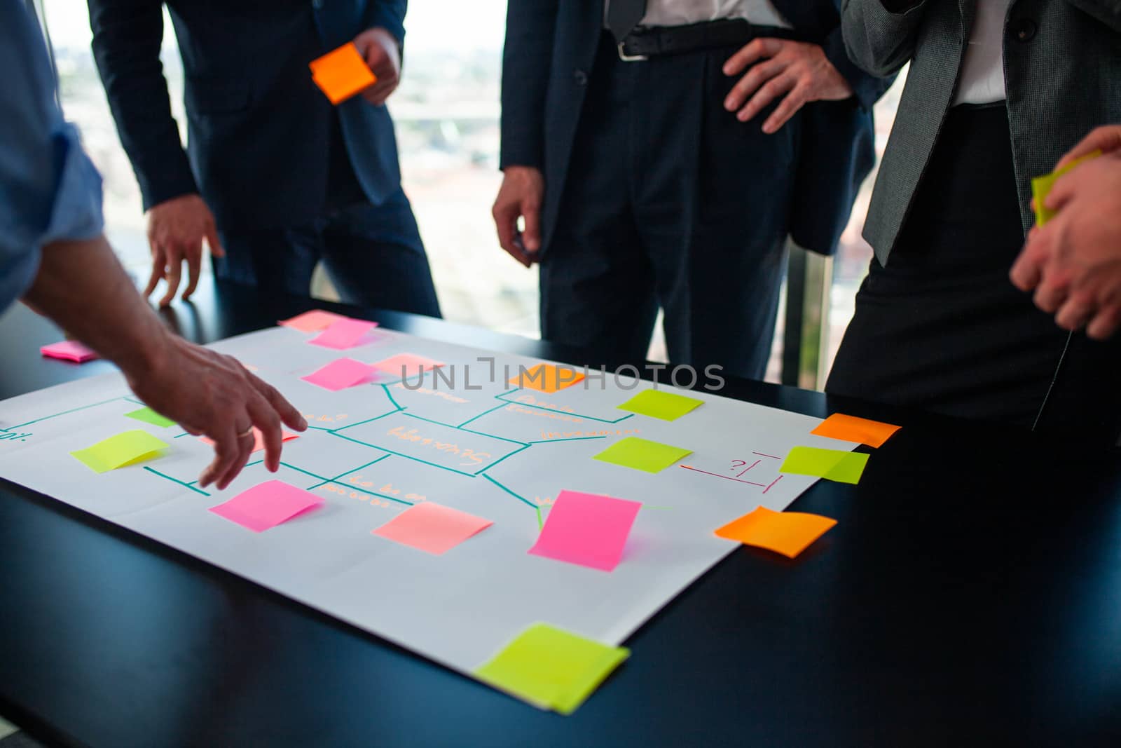Business people team developing plan on office desk using stick notes