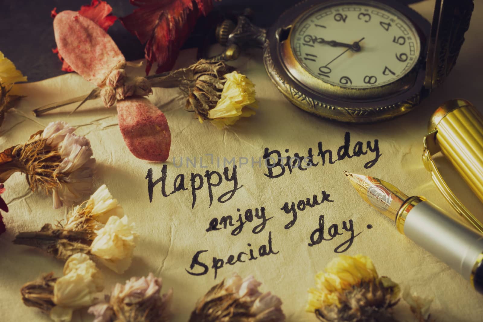 Happy birthday enjoy your special day. Vintage brass pen writing by SaitanSainam